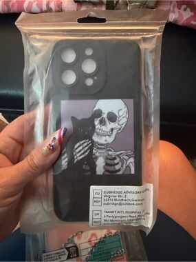 New Balance Black Phone Case with Skull & Black Cat Graphic